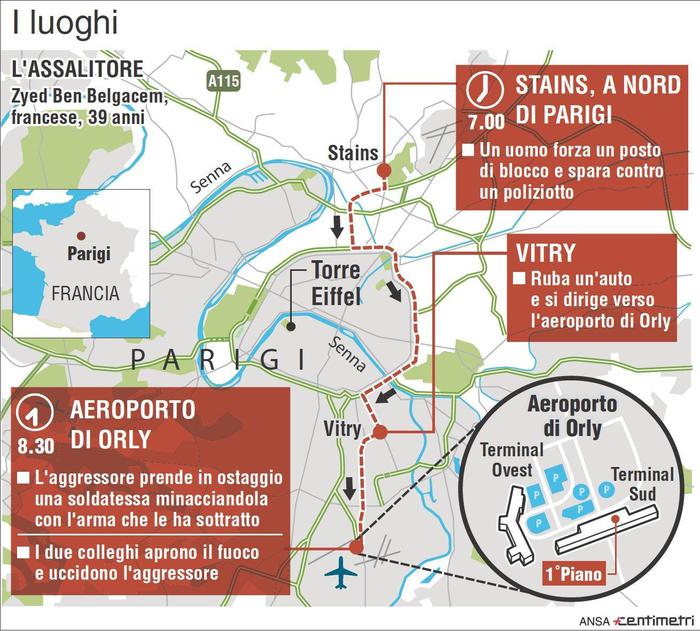 L'Infografica di Centimetri illustra luoghi e dinamica di massima del tentato attacco all'aeroporto di Orly, Roma, 18 Marzo 2017. ANSA/ CENTIMETRI