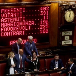 Il tabellone con il voto finale sulla modifica dell'articolo 59 del codice penale che riguarda la legittima difesa, Camera dei Deputati, Roma 4 maggio 2017. ANSA/FABIO FRUSTACI