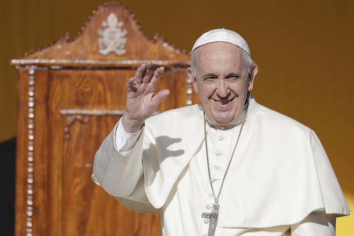 Pope Francis waves to faithful in Piazza Armerina, Saturday, Sept. 15, 2018. Pope Francis is paying tribute in Sicily to a priest who worked to keep youths away from the Mafia and was slain by mobsters. Francis has flown to the Mediterranean island on the 25th anniversary of the assassination in Palermo of the Rev. Giuseppe "Pino" Puglisi, who has been declared a martyr by the Vatican. (ANSA/AP Photo/Andrew Medichini) [CopyrightNotice: Copyright 2018 The Associated Press. All rights reserved.]