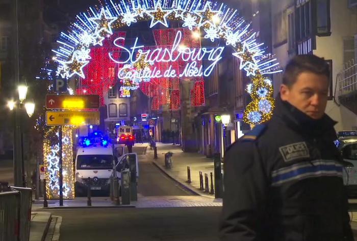 In this image made from video, emergency services arrive on the scene of a Christmas market in Strasbourg, France, Tuesday, Dec. 11, 2018. A French regional official says that a shooting in Strasbourg has left at least one dead and several wounded in the city center near a world-famous Christmas market. The prefect of France's Bas-Rhin region says the gunman, who is still at large, has been identified. Authorities haven't given a motive for the shooting. (ANSA/AP Photo)