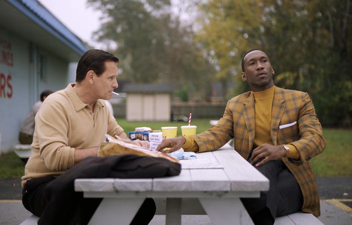 This image released by Universal Pictures shows Viggo Mortensen, left, and Mahershala Ali in a scene from "Green Book." The film is nominated for an Oscar for best picture. The 91st Academy Awards will be held on Sunday. (Universal Pictures via AP) [CopyrightNotice: Universal Pictures, Participant, and DreamWorks]