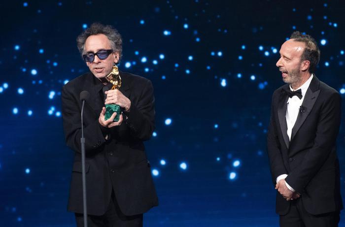 US film director Tim Burton (L) with Italian film director and actor Roberto Benigni on stage in the occasion of the 64th edition of the ?David di Donatello Awards? in Rome, Italy, 27 March 2019. The David di Donatello award is a film prize presented annually to honor the best of Italian and foreign motion picture productions.
ANSA/CLAUDIO PERI