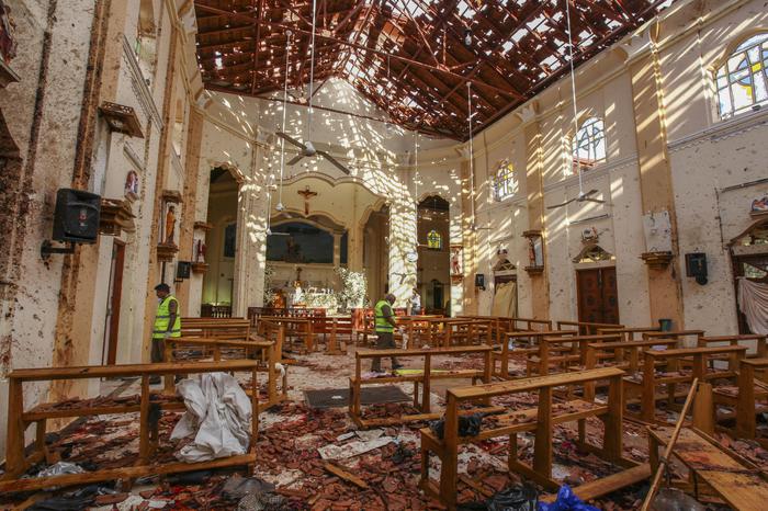 A view of St. Sebastian's Church damaged in blast in Negombo, north of Colombo, Sri Lanka, Sunday, April 21, 2019.  More than hundred were killed and hundreds more hospitalized with injuries from eight blasts that rocked churches and hotels in and just outside of Sri Lanka's capital on Easter Sunday, officials said, the worst violence to hit the South Asian country since its civil war ended a decade ago. (ANSA/AP Photo/Chamila Karunarathne) [CopyrightNotice: Copyright 2019 The Associated Press. All rights reserved.]