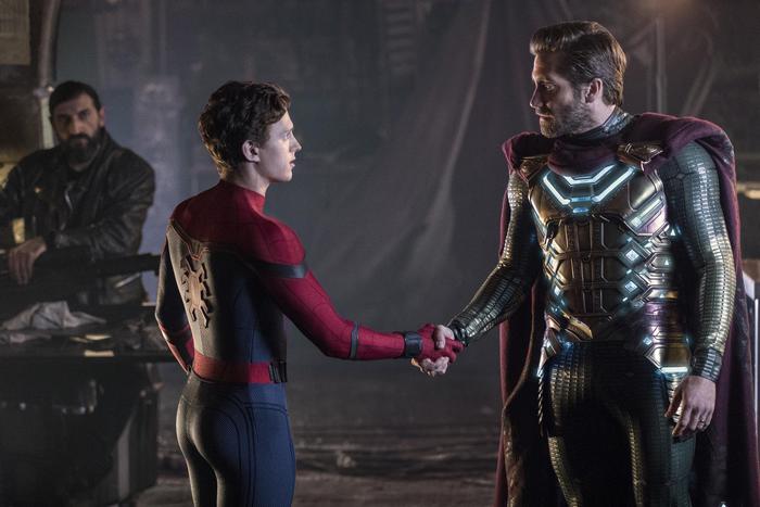 This image released by Sony Pictures shows, from left, Numan Acar, Tom Holland and Jacky Gyllenhaal in a scene from "Spider-Man: Far From Home." (Jay Maidment/Columbia Pictures/Sony via AP) [CopyrightNotice: ©2019 CTMG, Inc. All rights reserved. **ALL IMAGES ARE PROPERTY OF SONY PICTURES ENTERTAINMENT INC. FOR PROMOTIONAL USE ONLY.]