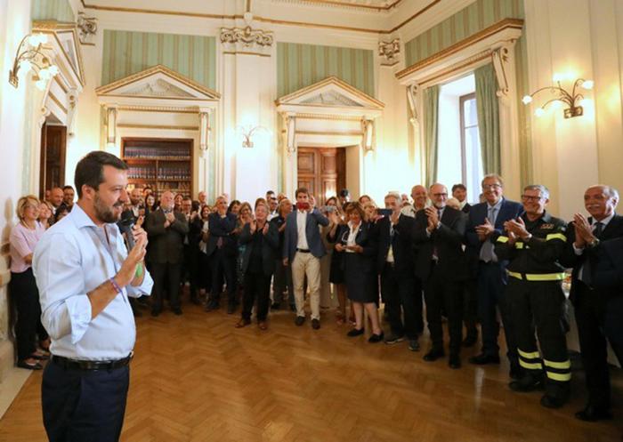 Italian Interior Minister, Matteo Salvini, during the greeting ceremony with employees and officials of the Interior Ministry in Rome, Italy, 29 August 2019.
ANSA/ITALIAN INTERIOR MINISTRY PRESS OFFICE
+++ ANSA PROVIDES ACCESS TO THIS HANDOUT PHOTO TO BE USED SOLELY TO ILLUSTRATE NEWS REPORTING OR COMMENTARY ON THE FACTS OR EVENTS DEPICTED IN THIS IMAGE; NO ARCHIVING; NO LICENSING +++