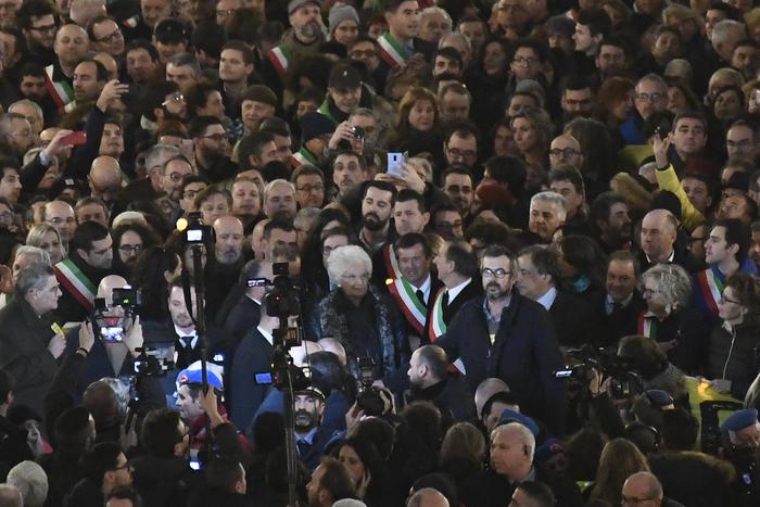 A general view of the the procession composed of hundreds of mayors on the occasion of the event entitled 'Hate has no future' for testify to solidarity with Holocaust survivor and Italian Senator for Life, Liliana Segre (C), in Milan, Italy, 10 December 2019. Liliana Segre is currently under guard due to repeated anti-Semitic threats. 
ANSA/FLAVIO LO SCALZO